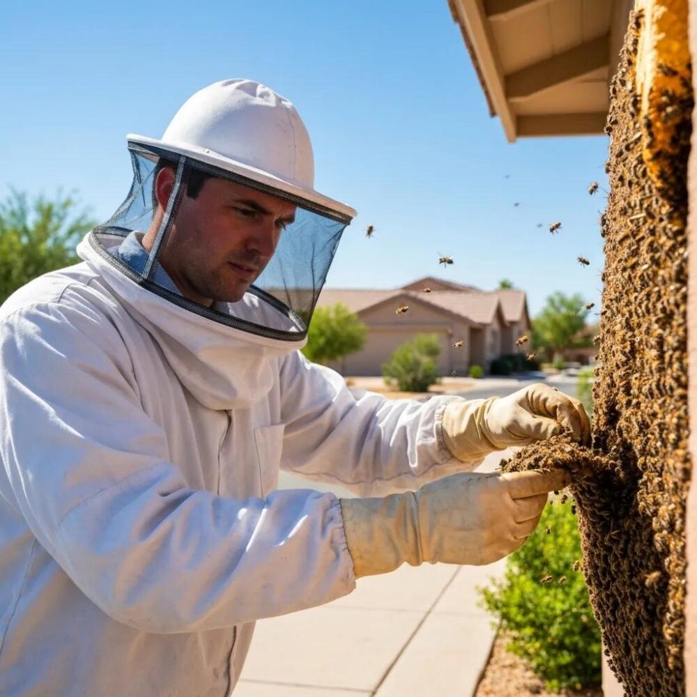 Professional bee removal expert handling a swarm in Peoria AZ