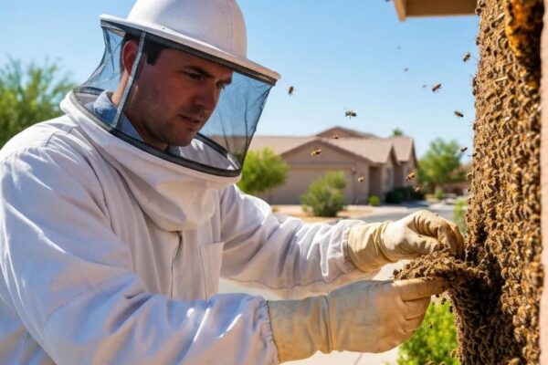 Professional bee removal expert handling a swarm in Peoria AZ
