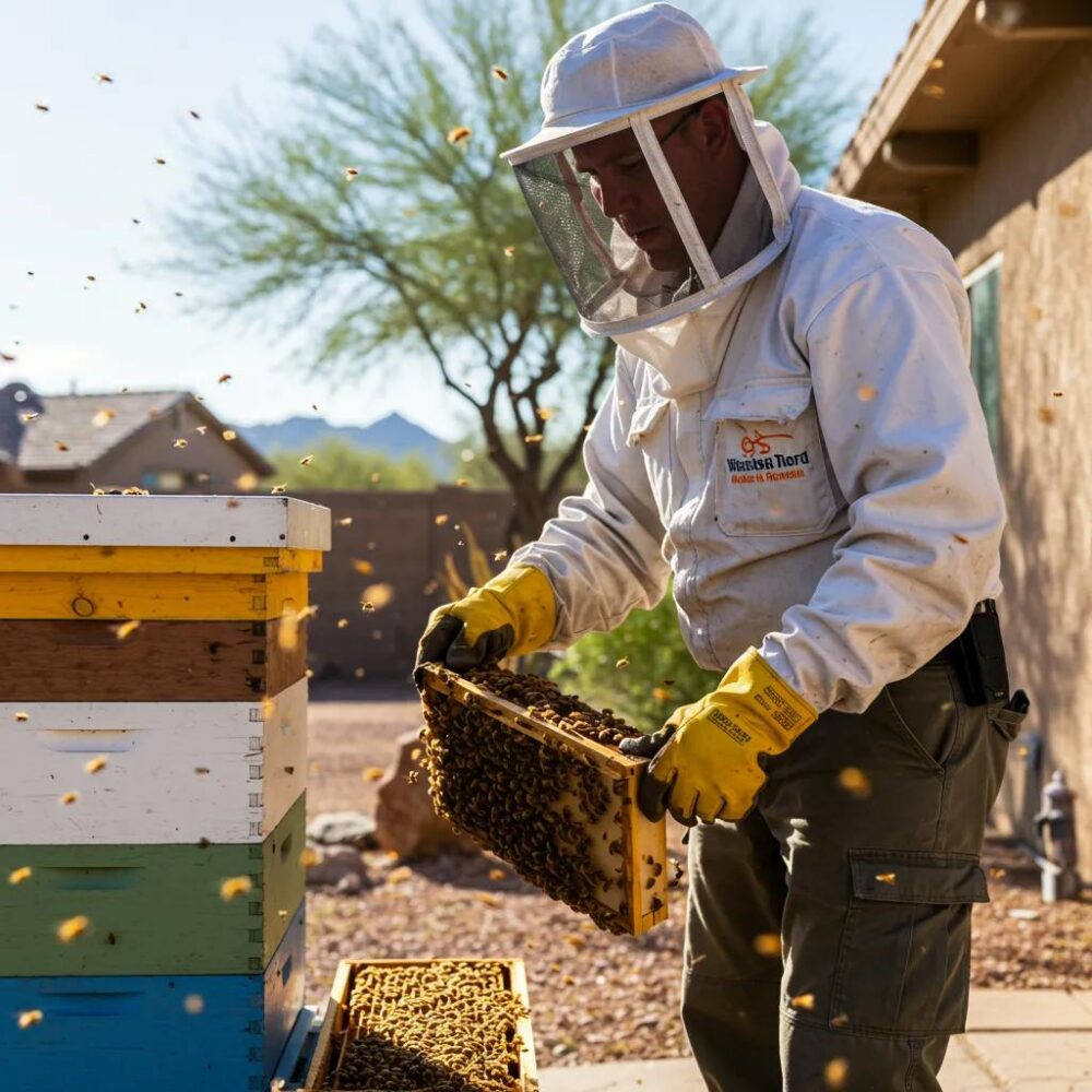 Professional bee removal technician handling a beehive in Phoenix, AZ, showcasing humane bee removal services