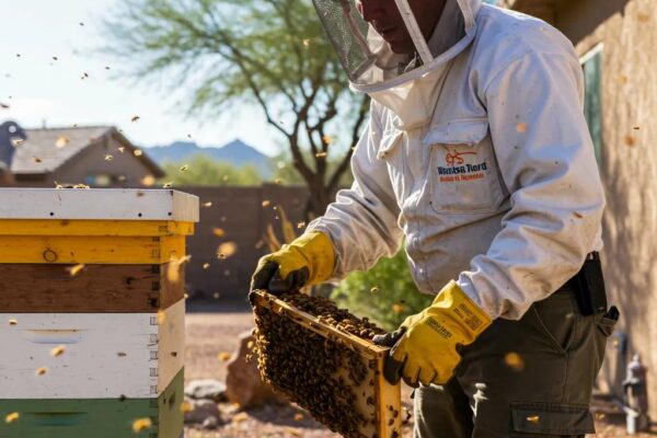 Professional bee removal technician handling a beehive in Phoenix, AZ, showcasing humane bee removal services