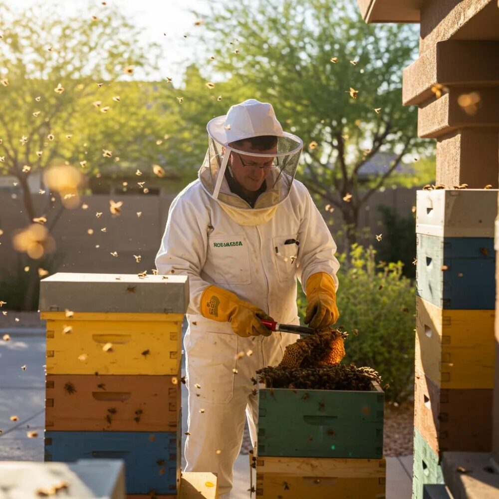Professional bee removal technician safely extracting a hive in Scottsdale, highlighting humane methods and local expertise