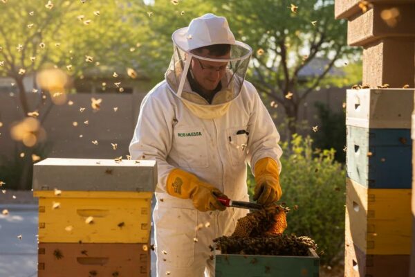 Professional bee removal technician safely extracting a hive in Scottsdale, highlighting humane methods and local expertise