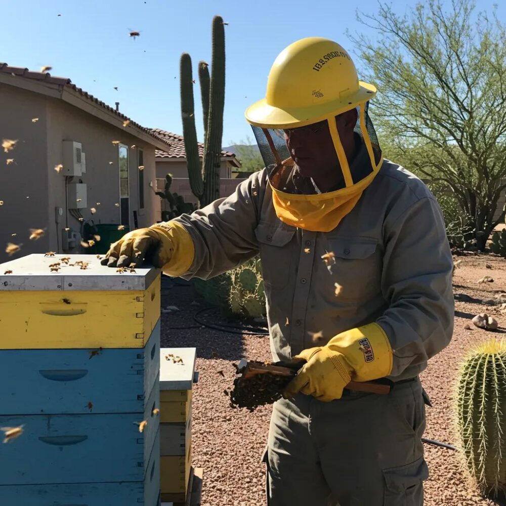 Local bee removal expert carefully handling a beehive in Phoenix, AZ, demonstrating humane bee removal practices