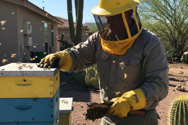 Local bee removal expert carefully handling a beehive in Phoenix, AZ, demonstrating humane bee removal practices
